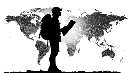 A silhouette of a traveler with a backpack, gazing at a map, set against a grayscale world map