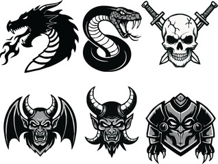 A collection of six monochrome mythical creature and skull illustrations, suitable for tattoos or graphic design.