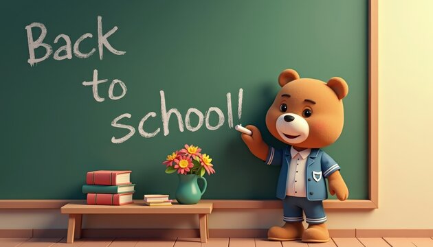 back to school concept with a teddy bear toy with a piece of chalk is standing in front of a blackboard with the words "Back to school" written on it
