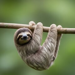 A charming sloth hangs peacefully from a branch, gazing gently towards the viewer in a natural setting.