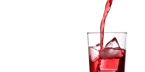 Refreshing red drink with ice being poured into clear glass on white background with copy space