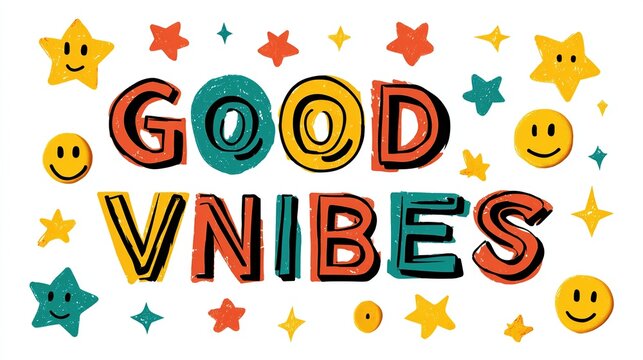 Playful "Good Vibes" text in colorful, hand-drawn style, surrounded by smiling faces and stars on a white background.  The lettering is bold and slightly textured