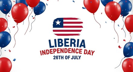 Liberia Independence Day Celebration with Balloons and Confetti on White Background
