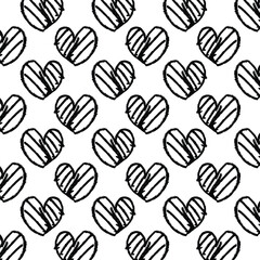 Fototapeta premium Minimalist simple seamless pattern with hand drawn black ink grunge hearts in outline. Black and white modern trendy love backdrop.