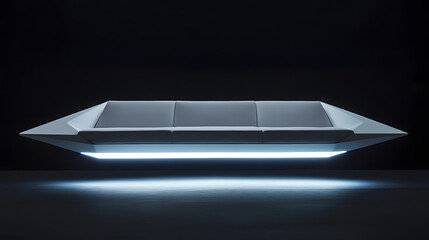 Futuristic floating sofa with LED lighting underneath, set against dark background