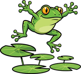 Fototapeta premium Cartoon Frog Leaping on Lily Pads - Pond Life Clipart