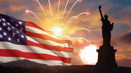 Waving American Flag Background with Fireworks and Silhouette of the Statue of Liberty at Sunset - Powered by Adobe
