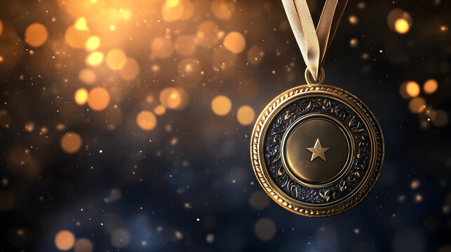 Gold medal with star hangs against dark, sparkling background, symbolizing achievement and excellence