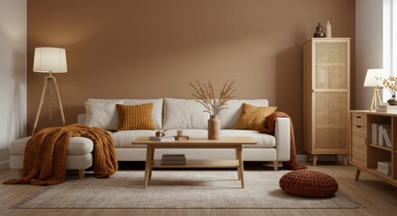 Cozy Living Room Design with Warm Earth Tones and Natural Textures for Relaxation and Comfort