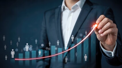 Business man drawing growth line with people icons and bar graph for business success