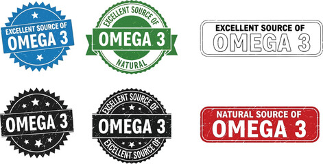 Fototapeta premium Omega 3 supplement labels and seals for healthy diet and nutrition product marketing