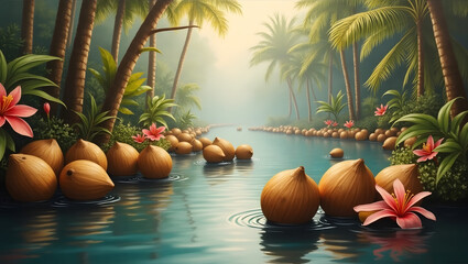 A serene and dreamy oil painting featuring a mesmerizing array of coconuts gently drifting along a winding
