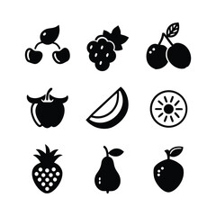 Black and white vector illustrations of various fruits including cherries grapes apple pear and kiwi