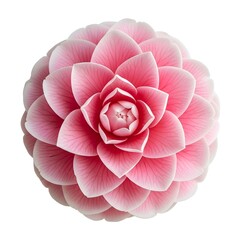 A perfectly formed, pale pink camellia blossom, viewed from directly above, showcasing its intricate petal structure.