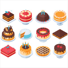 Isometric cake slices dessert vector artwork