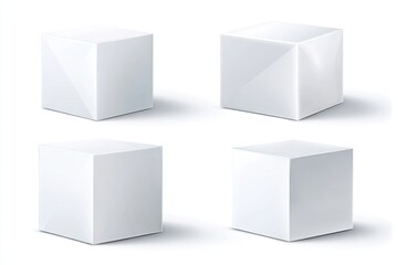 Four white, blank cubes arranged in a grid.  Each cube has subtle, angled shading, suggesting a three-dimensional form