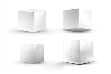 Four white glossy cubes, various perspectives