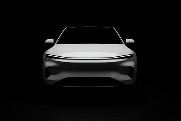 Futuristic electric SUV front view with sleek white design on black background