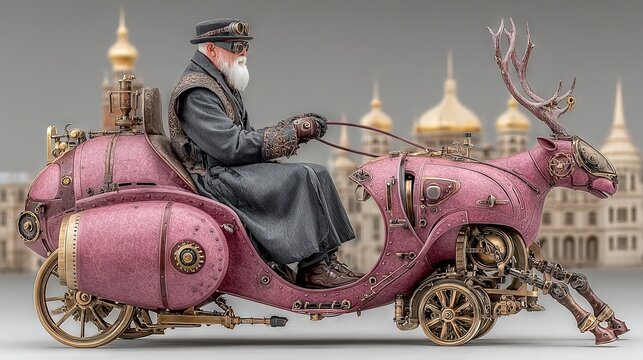 Steampunk Santa Claus riding brass reindeer sleigh with propeller gears over,copper burgundy palette and dramatic lighting