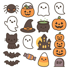 Cute Halloween Icons Set, Spooky Cartoon Characters, Kawaii Holiday Illustrations