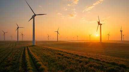 Wind Turbines at Sunrise: Sustainable Energy Landscape and Renewable Power Generation