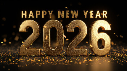 Elegant Happy New Year 2026 Gold Celebration Banner with Glitter and Sparkles