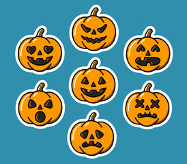 Cute Cartoon Pumpkin Faces for Halloween Vector Set