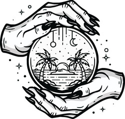 Intricate graphic design of hands holding a crystal ball, depicting a tropical sunset scene.