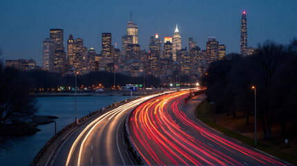 Boston skyline at dusk with vibrant light trails along the highway, Massachusetts