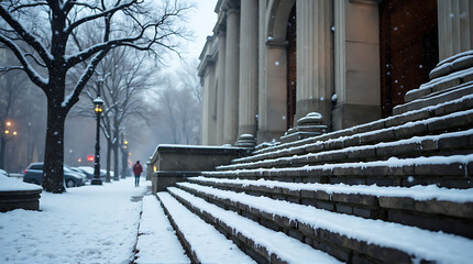 Scenic winter cityscape with snow-covered architecture and a solitary figure walking