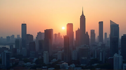 Naklejka premium Cityscape at Dusk: A Modern Metropolis Bathed in the Warm Glow of the Setting Sun