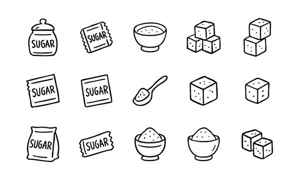 Sugar types vector illustration: sugar cubes, sugar bowl, sugar packets, spoon, and sugar in bowl, doodle style silhouette