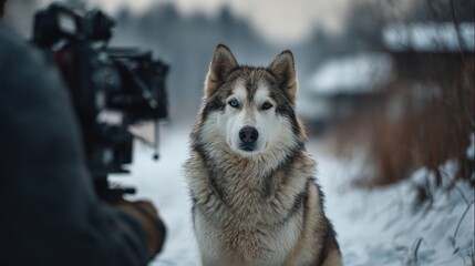 Naklejka premium Siberian Husky stands majestically in a snowy landscape, captured from afar with a blurred silhouette of the camera operator framing the moment