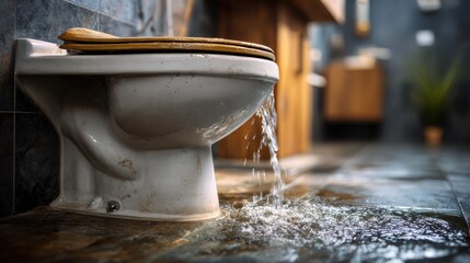 Clogged toilet in a modern bathroom with slow draining water and soft focus on tiled flooring