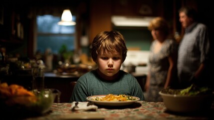 Emotional solitude at dinner as family turmoil brews in dimly lit kitchen