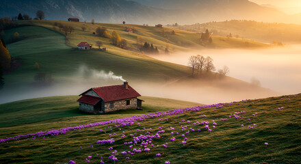  Landscape with a lonely house among hills and misty valleys. Beautiful panoramic illustration