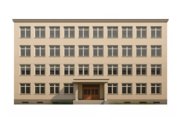 Architectural rendering: beige school building with multiple windows, central double door, positioned on transparent background