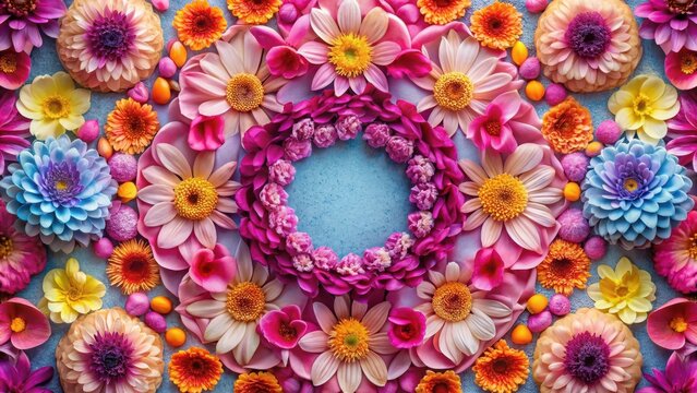 Delicate flower petals in vibrant hues arranged in a symmetrical circular pattern on a soft