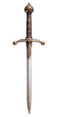 Decorative medieval sword with intricate hilt and blade on white background