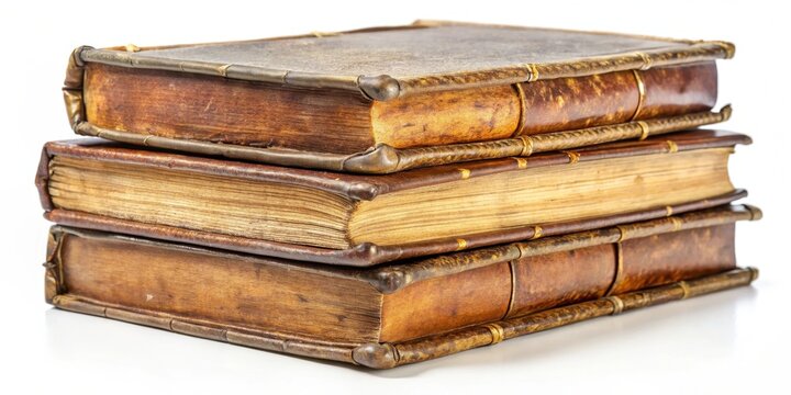 Stack of old leather bound books with worn gilt edges and yellowed pages on a plain white background