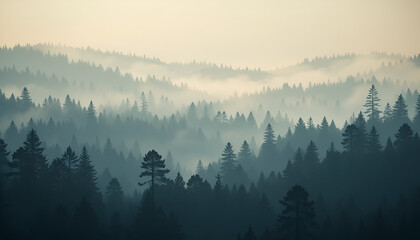Misty evergreen forest landscape view with fog rolling through the trees on the hills