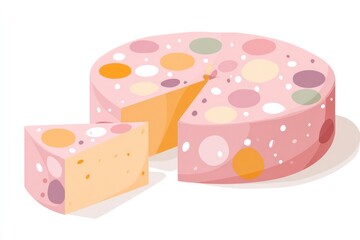 A pink circle cake with colorful polka dots a slice cut out