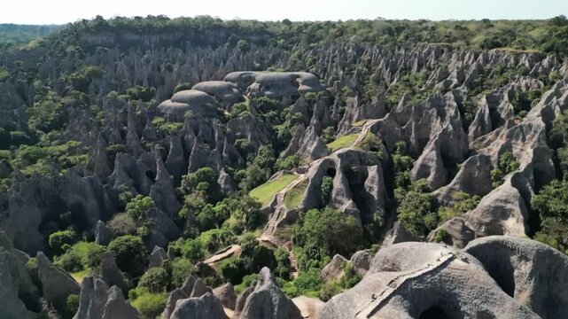 A breathtaking aerial view showcases the unique and jagged limestone pinnacles of the tsingy de bemaraha national park in madagascar, a geological wonder shaped by erosion