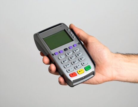 Hand holding a gray payment terminal