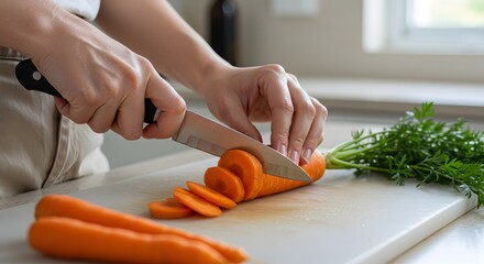 A woman's hands use a knife to slice fresh carrots on a chopping board in a kitchen