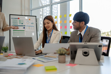 entrepreneurs discuss together to brainstorm and solve problems in various departments of the company, marketing, finance, and accounting are having a meeting in a conference room