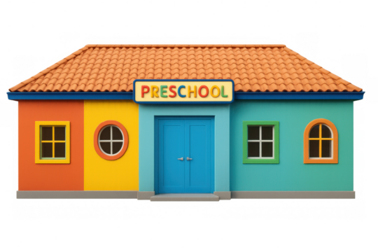 Vibrant preschool building rendering, featuring bright-colored walls, peaked tiled roof, transparent background highlighting educational design concept