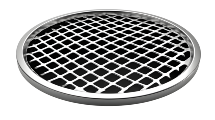Shiny metal grill with a circular frame design element isolated on transparent background