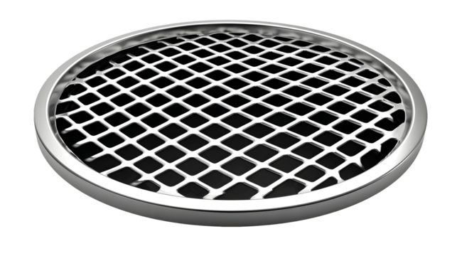 Shiny metal grill with a circular frame design element isolated on transparent background