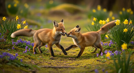 Foxes in Springtime Meadow